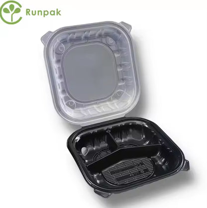 9*9 inch 3 compartment clear&black food hinged container Eco-friendly disposable recycle takeout container lunch box