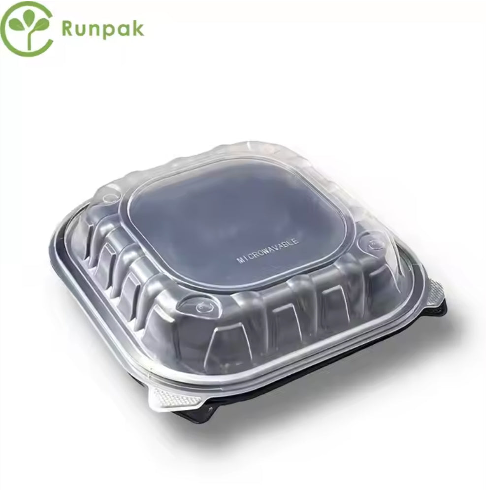 9*9 inch 3 compartment clear&black food hinged container Eco-friendly disposable recycle takeout container lunch box